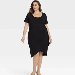 AVA & VIV Black Knee Length Faux Wrap Pullover Stretch Jersey Knit Dress 3X